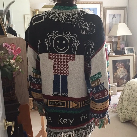 NWOT Lindy Dodds Artwear Fringe Knit Cardigan Jacket Teacher Theme - Picture 4 of 12